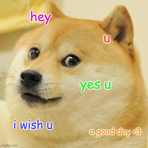 <3 | hey; u; yes u; i wish u; a good day <3 | image tagged in memes,doge,dog,happy | made w/ Imgflip meme maker