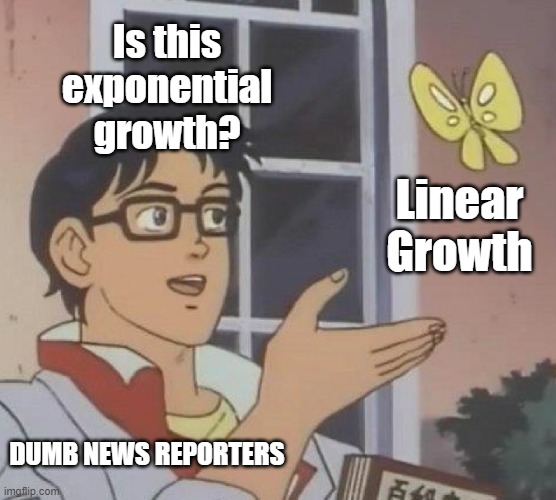 Is This A Pigeon Meme | Is this exponential growth? Linear Growth; DUMB NEWS REPORTERS | image tagged in memes,is this a pigeon | made w/ Imgflip meme maker