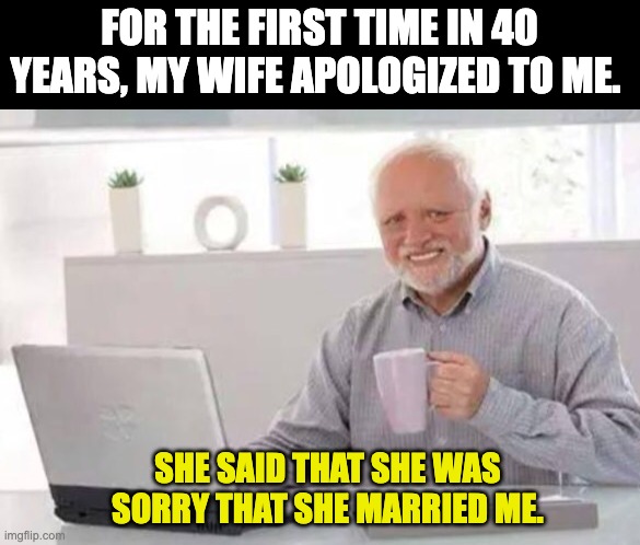 Sorry | FOR THE FIRST TIME IN 40 YEARS, MY WIFE APOLOGIZED TO ME. SHE SAID THAT SHE WAS SORRY THAT SHE MARRIED ME. | image tagged in harold | made w/ Imgflip meme maker