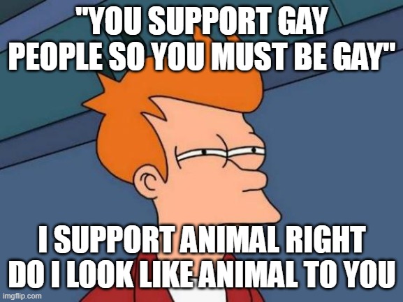 Futurama Fry | "YOU SUPPORT GAY PEOPLE SO YOU MUST BE GAY"; I SUPPORT ANIMAL RIGHT DO I LOOK LIKE ANIMAL TO YOU | image tagged in memes,futurama fry | made w/ Imgflip meme maker