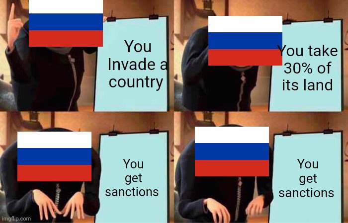 Basically Russia in 24th February 2022 - April 1 2022 | You Invade a country; You take 30% of its land; You get sanctions; You get sanctions | image tagged in memes,gru's plan,russia,war | made w/ Imgflip meme maker