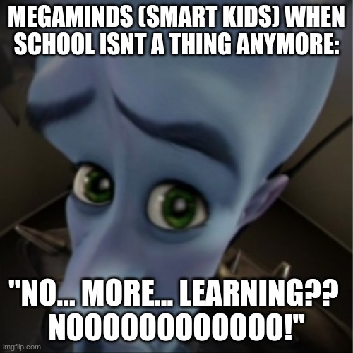 megaminds be like:           (not hating, promise!) | MEGAMINDS (SMART KIDS) WHEN SCHOOL ISNT A THING ANYMORE:; "NO... MORE... LEARNING?? 
NOOOOOOOOOOOO!" | image tagged in megamind peeking | made w/ Imgflip meme maker