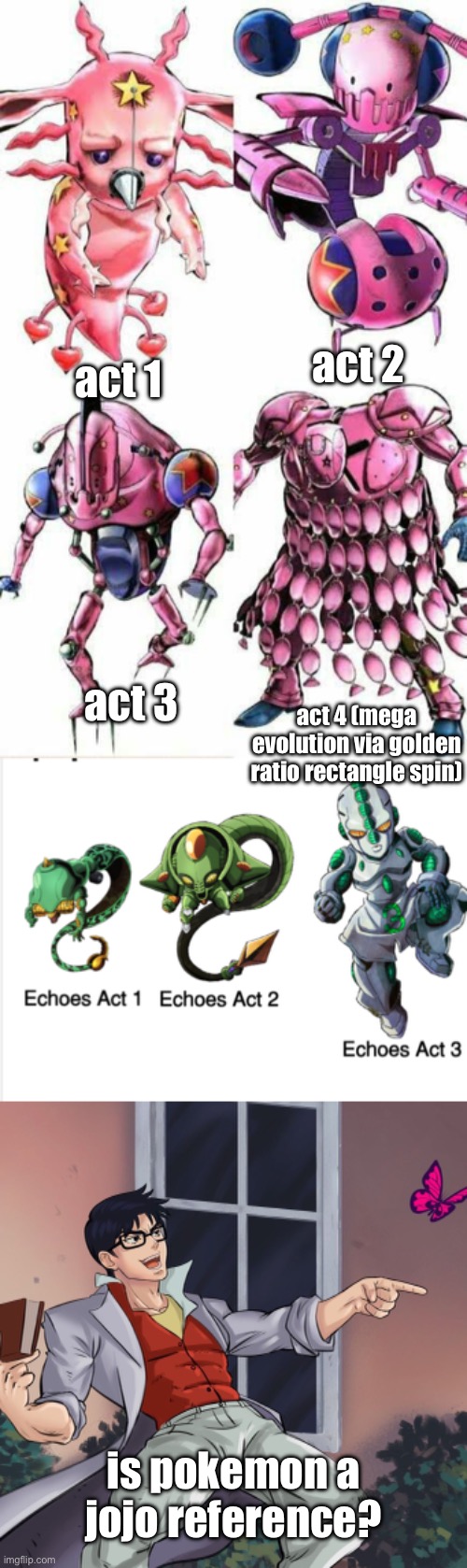 jojo reference meme | act 1; act 2; act 3; act 4 (mega evolution via golden ratio rectangle spin); is pokemon a jojo reference? | image tagged in is this a jojo's reference | made w/ Imgflip meme maker