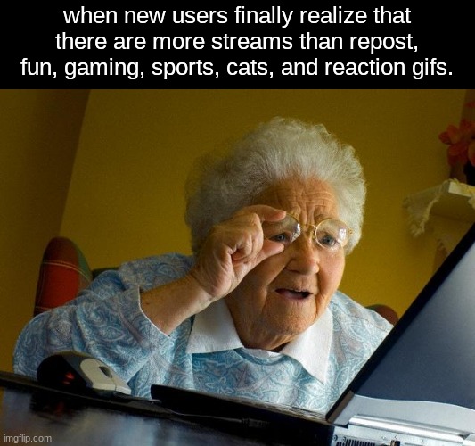 u see thats why I use n0_-f1Lt3r, it has unlimited posts and they feature images SO FRIKIN FAST BRO | when new users finally realize that there are more streams than repost, fun, gaming, sports, cats, and reaction gifs. | image tagged in memes,grandma finds the internet | made w/ Imgflip meme maker