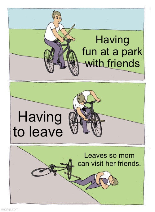 Bike Fall | Having fun at a park with friends; Having to leave; Leaves so mom can visit her friends. | image tagged in memes,bike fall | made w/ Imgflip meme maker