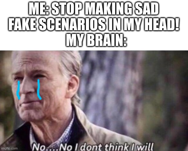 Sad boi hours | ME: STOP MAKING SAD FAKE SCENARIOS IN MY HEAD! MY BRAIN: | image tagged in no i don't think i will,relatable,sad but true,sad | made w/ Imgflip meme maker