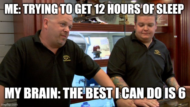 Weekday sleep be like | ME: TRYING TO GET 12 HOURS OF SLEEP; MY BRAIN: THE BEST I CAN DO IS 6 | image tagged in pawn stars best i can do | made w/ Imgflip meme maker