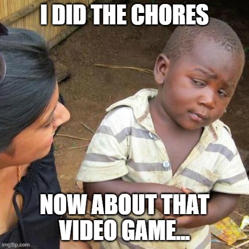 weee | I DID THE CHORES; NOW ABOUT THAT VIDEO GAME... | image tagged in memes,third world skeptical kid | made w/ Imgflip meme maker