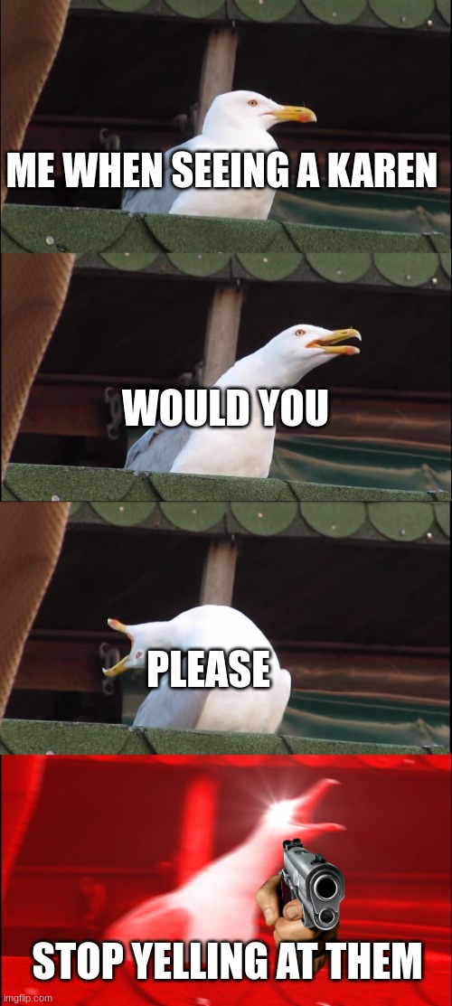 karens trigger me | ME WHEN SEEING A KAREN; WOULD YOU; PLEASE; STOP YELLING AT THEM | image tagged in memes,inhaling seagull | made w/ Imgflip meme maker
