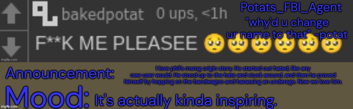 Way to go, Phil. | I love phil's msmg origin story. He started out hated, like any new user would. He stood up to the hate and stuck around, and then he proved himself by hopping on the bandwagon and harassing an underage. Now we love him. It's actually kinda inspiring. | image tagged in potat downbad real 1 1 1 1 1 1 1 | made w/ Imgflip meme maker