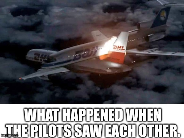 Rip to the 69 people that died on the plane that was sliced in half (no cap) | WHAT HAPPENED WHEN THE PILOTS SAW EACH OTHER. | image tagged in plane crash | made w/ Imgflip meme maker