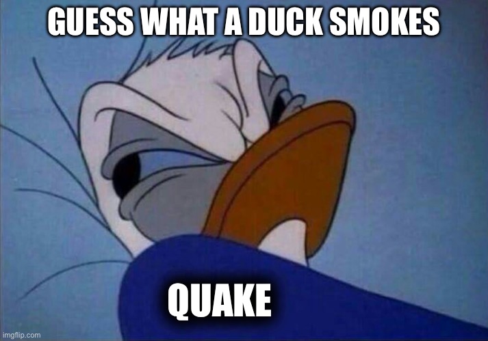 angry donald duck  | GUESS WHAT A DUCK SMOKES; QUAKE | image tagged in angry donald duck | made w/ Imgflip meme maker