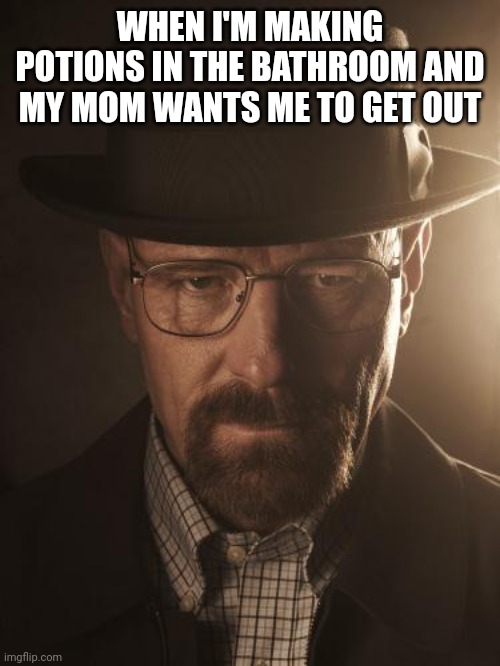 Walter White | WHEN I'M MAKING POTIONS IN THE BATHROOM AND MY MOM WANTS ME TO GET OUT | image tagged in walter white | made w/ Imgflip meme maker