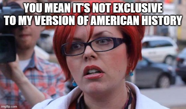 Angry Feminist | YOU MEAN IT'S NOT EXCLUSIVE TO MY VERSION OF AMERICAN HISTORY | image tagged in angry feminist | made w/ Imgflip meme maker