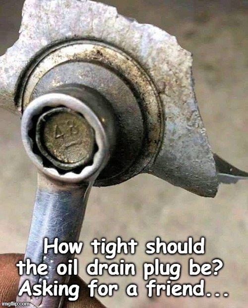 wrenched | How tight should the oil drain plug be? 
Asking for a friend... | image tagged in wrench,oil,tool | made w/ Imgflip meme maker