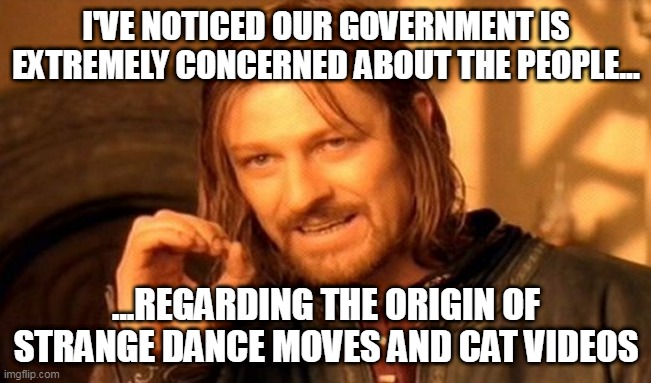 One Does Not Simply Meme | I'VE NOTICED OUR GOVERNMENT IS EXTREMELY CONCERNED ABOUT THE PEOPLE... ...REGARDING THE ORIGIN OF STRANGE DANCE MOVES AND CAT VIDEOS | image tagged in memes,one does not simply | made w/ Imgflip meme maker