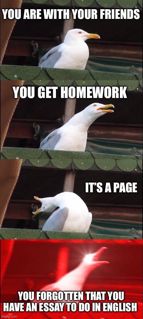 Inhaling Seagull Meme | YOU ARE WITH YOUR FRIENDS; YOU GET HOMEWORK; IT’S A PAGE; YOU FORGOTTEN THAT YOU HAVE AN ESSAY TO DO IN ENGLISH | image tagged in memes,inhaling seagull | made w/ Imgflip meme maker