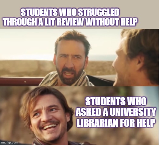 Lit Reviews | STUDENTS WHO STRUGGLED THROUGH A LIT REVIEW WITHOUT HELP; STUDENTS WHO ASKED A UNIVERSITY LIBRARIAN FOR HELP | image tagged in nick cage and pablo pascal | made w/ Imgflip meme maker