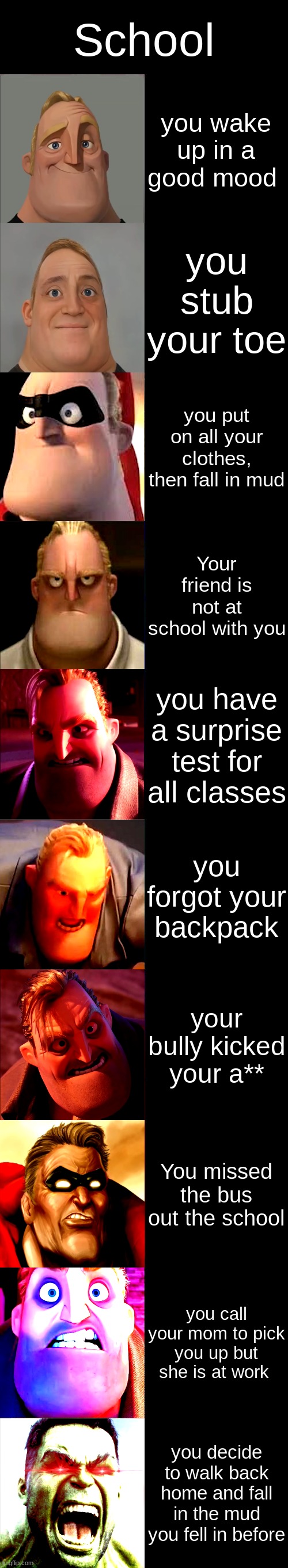 Mr. Incredible Becoming Angry | School; you wake up in a good mood; you stub your toe; you put on all your clothes, then fall in mud; Your friend is not at school with you; you have a surprise test for all classes; you forgot your backpack; your bully kicked your a**; You missed the bus out the school; you call your mom to pick you up but she is at work; you decide to walk back home and fall in the mud you fell in before | image tagged in mr incredible becoming angry | made w/ Imgflip meme maker