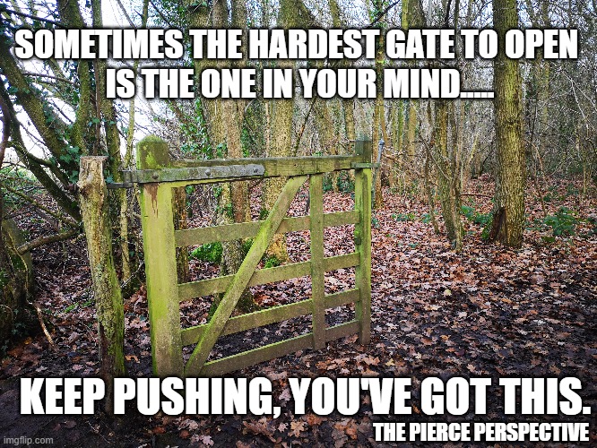 The Pierce Perspective - Sometimes the hardest gate to open is the one in your mind. Keep pushing. You got this! | SOMETIMES THE HARDEST GATE TO OPEN 
IS THE ONE IN YOUR MIND..... THE PIERCE PERSPECTIVE; KEEP PUSHING, YOU'VE GOT THIS. | image tagged in mental health,podcast,gate,woods | made w/ Imgflip meme maker