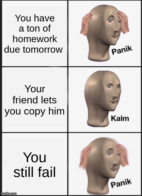 Panik Kalm Panik | You have a ton of homework due tomorrow; Your friend lets you copy him; You still fail | image tagged in memes,panik kalm panik | made w/ Imgflip meme maker