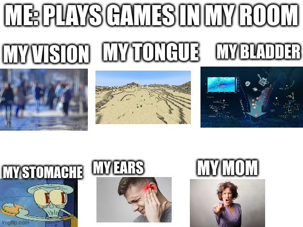 ME: PLAYS GAMES IN MY ROOM; MY VISION; MY TONGUE; MY BLADDER; MY STOMACHE; MY MOM; MY EARS | image tagged in gaeming | made w/ Imgflip meme maker