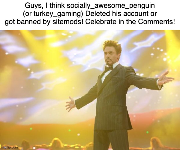 Yes, He got deleted! | Guys, I think socially_awesome_penguin (or turkey_gaming) Deleted his account or got banned by sitemods! Celebrate in the Comments! | image tagged in tony stark success,imgflip,memes,funny,party | made w/ Imgflip meme maker