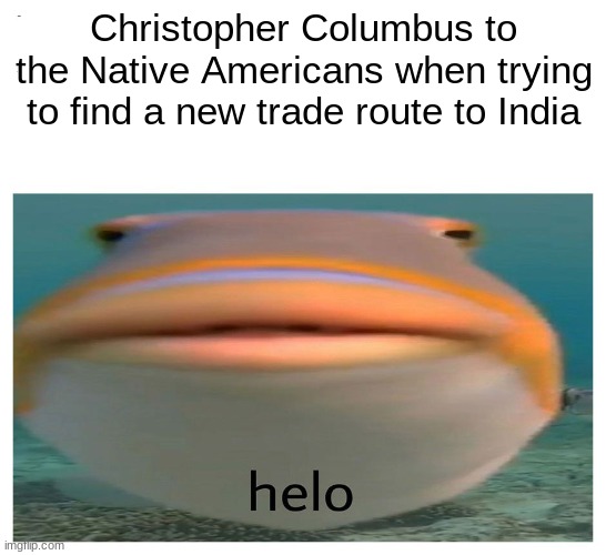 when you travel half the world just to find a whole new continent you didnt know existed; | Christopher Columbus to the Native Americans when trying to find a new trade route to India | image tagged in helo fish | made w/ Imgflip meme maker