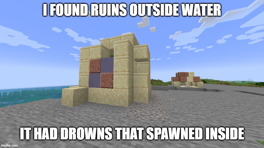 I don't know if this is even relevant but hey the comment section explode | I FOUND RUINS OUTSIDE WATER; IT HAD DROWNS THAT SPAWNED INSIDE | image tagged in minecraft | made w/ Imgflip meme maker