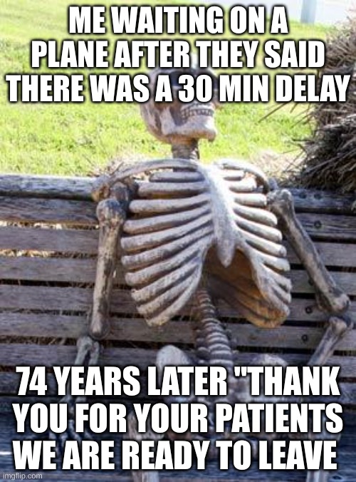 waiting on a plane | ME WAITING ON A PLANE AFTER THEY SAID THERE WAS A 30 MIN DELAY; 74 YEARS LATER "THANK YOU FOR YOUR PATIENTS WE ARE READY TO LEAVE | image tagged in memes,waiting skeleton | made w/ Imgflip meme maker