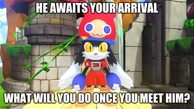 Are you willing to tag along his journeys? | HE AWAITS YOUR ARRIVAL; WHAT WILL YOU DO ONCE YOU MEET HIM? | image tagged in klonoa,namco,bandai-namco,namco-bandai,bamco,smashbroscontender | made w/ Imgflip meme maker