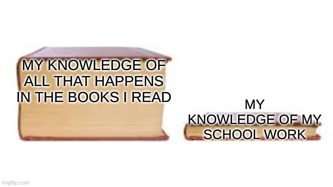 Big book small book | MY KNOWLEDGE OF ALL THAT HAPPENS IN THE BOOKS I READ; MY KNOWLEDGE OF MY SCHOOL WORK | image tagged in big book small book | made w/ Imgflip meme maker
