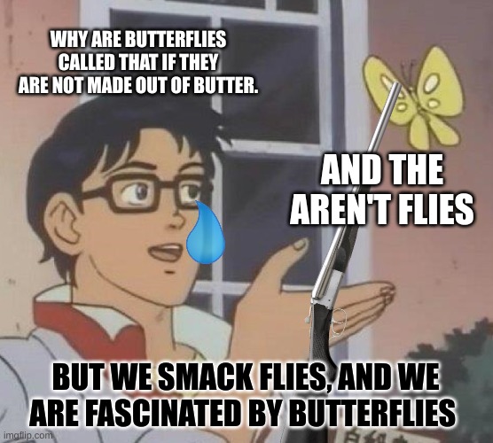 Is This A Pigeon | WHY ARE BUTTERFLIES CALLED THAT IF THEY ARE NOT MADE OUT OF BUTTER. AND THE AREN'T FLIES; BUT WE SMACK FLIES, AND WE ARE FASCINATED BY BUTTERFLIES | image tagged in memes,is this a pigeon | made w/ Imgflip meme maker