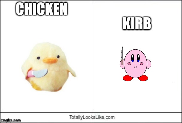 They kinda look the same so I made this | KIRB; CHICKEN | image tagged in ducky with knife,kirby with a knife,totally looks like | made w/ Imgflip meme maker