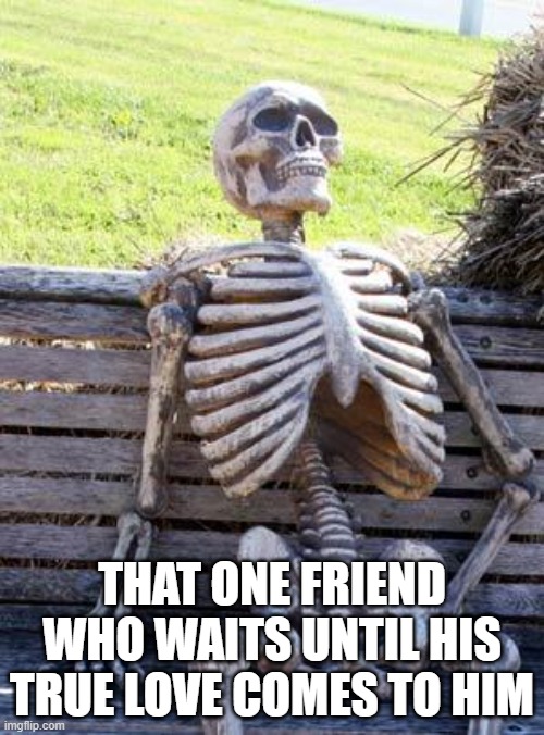 Waiting Skeleton | THAT ONE FRIEND WHO WAITS UNTIL HIS TRUE LOVE COMES TO HIM | image tagged in memes,waiting skeleton | made w/ Imgflip meme maker