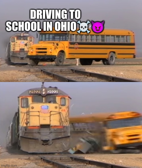 ohio school bus | DRIVING TO SCHOOL IN OHIO☠😈 | image tagged in a train hitting a school bus | made w/ Imgflip meme maker