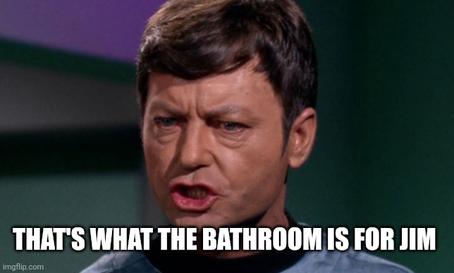 Dr McCoy saying Shit | THAT'S WHAT THE BATHROOM IS FOR JIM | image tagged in dr mccoy saying shit | made w/ Imgflip meme maker