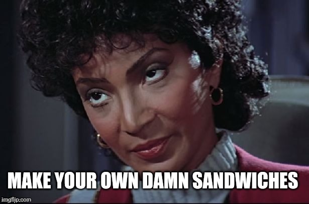 Uhura not amused | MAKE YOUR OWN DAMN SANDWICHES | image tagged in uhura not amused | made w/ Imgflip meme maker