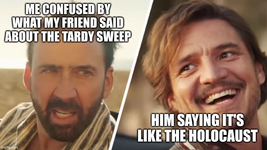 Nick Cage and Pedro pascal | ME CONFUSED BY WHAT MY FRIEND SAID ABOUT THE TARDY SWEEP; HIM SAYING IT'S LIKE THE HOLOCAUST | image tagged in nick cage and pedro pascal,school,holocaust | made w/ Imgflip meme maker