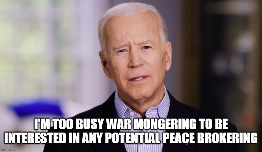 Joe Biden 2020 | I'M TOO BUSY WAR MONGERING TO BE INTERESTED IN ANY POTENTIAL PEACE BROKERING | image tagged in joe biden 2020 | made w/ Imgflip meme maker
