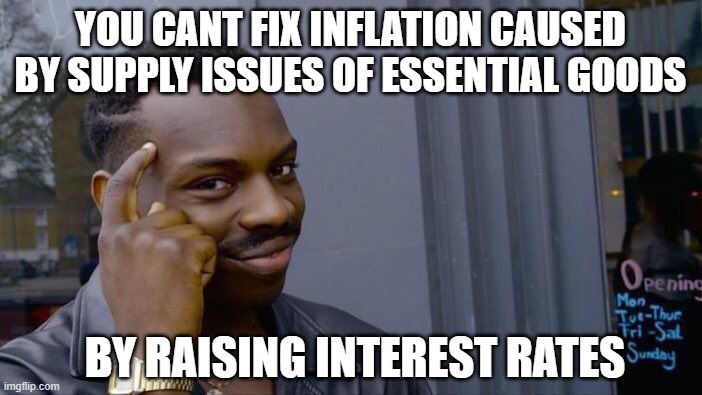 Roll Safe Think About It Meme | YOU CANT FIX INFLATION CAUSED BY SUPPLY ISSUES OF ESSENTIAL GOODS BY RAISING INTEREST RATES | image tagged in memes,roll safe think about it | made w/ Imgflip meme maker