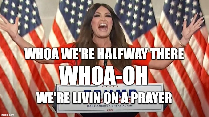 WHOA WE'RE HALFWAY THERE; WHOA-OH; WE'RE LIVIN ON A PRAYER | image tagged in skank,fake | made w/ Imgflip meme maker
