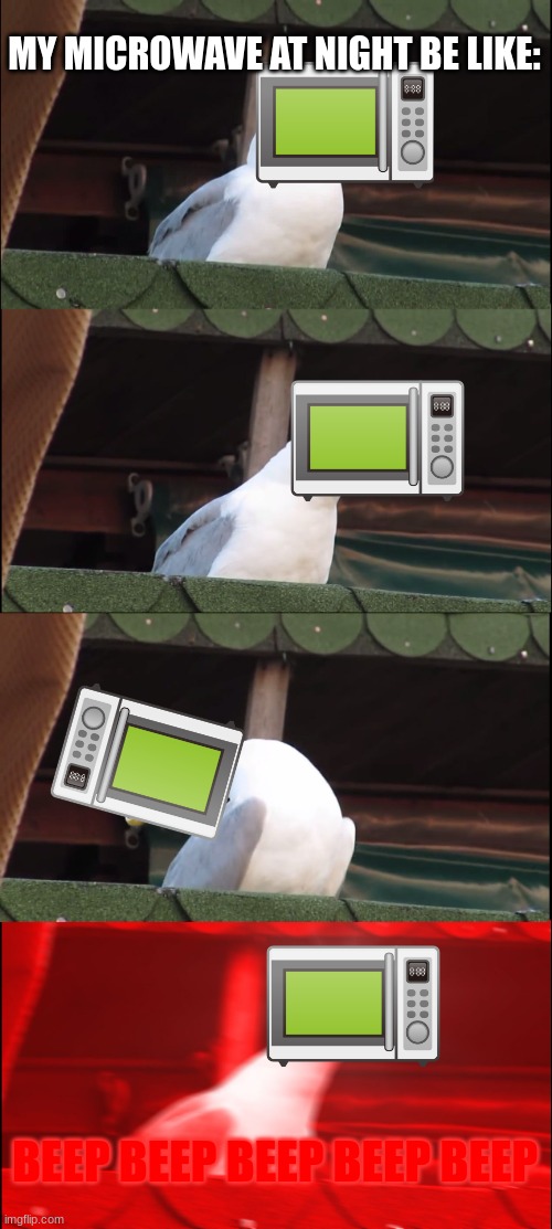 Inhaling Seagull | MY MICROWAVE AT NIGHT BE LIKE:; BEEP BEEP BEEP BEEP BEEP | image tagged in inhaling seagull,microwave | made w/ Imgflip meme maker