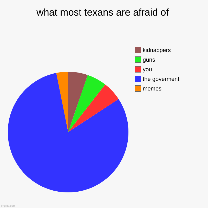 what most texans are afraid of | memes, the goverment, you, guns, kidnappers | image tagged in charts,pie charts | made w/ Imgflip chart maker