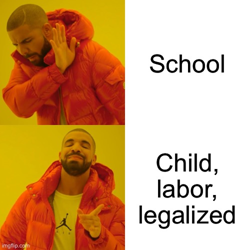 Drake Hotline Bling Meme | School; Child, labor, legalized | image tagged in memes,drake hotline bling | made w/ Imgflip meme maker
