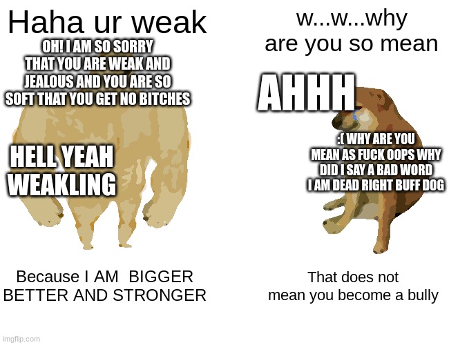 Buff doge is a bully can the cute dog stop him buff doge | Haha ur weak; w...w...why are you so mean; OH! I AM SO SORRY THAT YOU ARE WEAK AND JEALOUS AND YOU ARE SO SOFT THAT YOU GET NO BITCHES; AHHH; :( WHY ARE YOU MEAN AS FUCK OOPS WHY DID I SAY A BAD WORD I AM DEAD RIGHT BUFF DOG; HELL YEAH WEAKLING; Because I AM  BIGGER BETTER AND STRONGER; That does not mean you become a bully | image tagged in memes,buff doge vs cheems | made w/ Imgflip meme maker