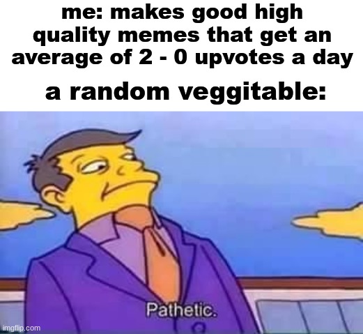 skinner pathetic | me: makes good high quality memes that get an average of 2 - 0 upvotes a day; a random veggitable: | image tagged in skinner pathetic,pathetic,potato | made w/ Imgflip meme maker