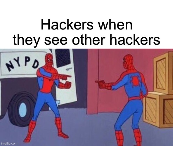 This is my first meme in this stream | Hackers when they see other hackers | image tagged in spiderman pointing at spiderman,gaming,memes,funny,hackers | made w/ Imgflip meme maker