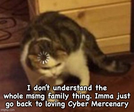 Loading cat | I don’t understand the whole msmg family thing. Imma just go back to loving Cyber Mercenary | image tagged in loading cat | made w/ Imgflip meme maker