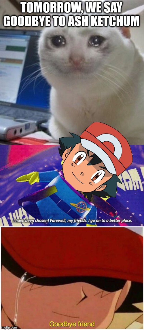 Sayonara  Ash | TOMORROW, WE SAY GOODBYE TO ASH KETCHUM | image tagged in crying cat,farewell my friends,ash says goodbye friend,where legends cried | made w/ Imgflip meme maker
